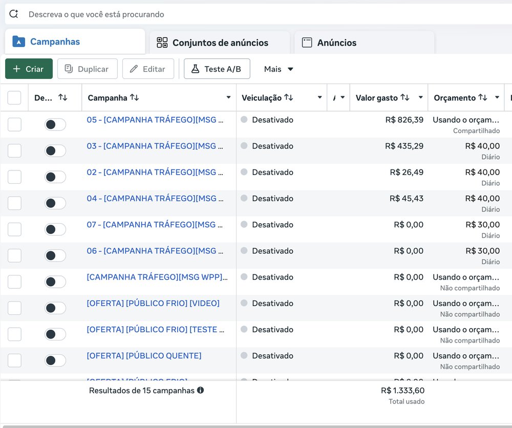Gerenciador de anúncios mostrando R$1.333,60 investidos no total das campanhas