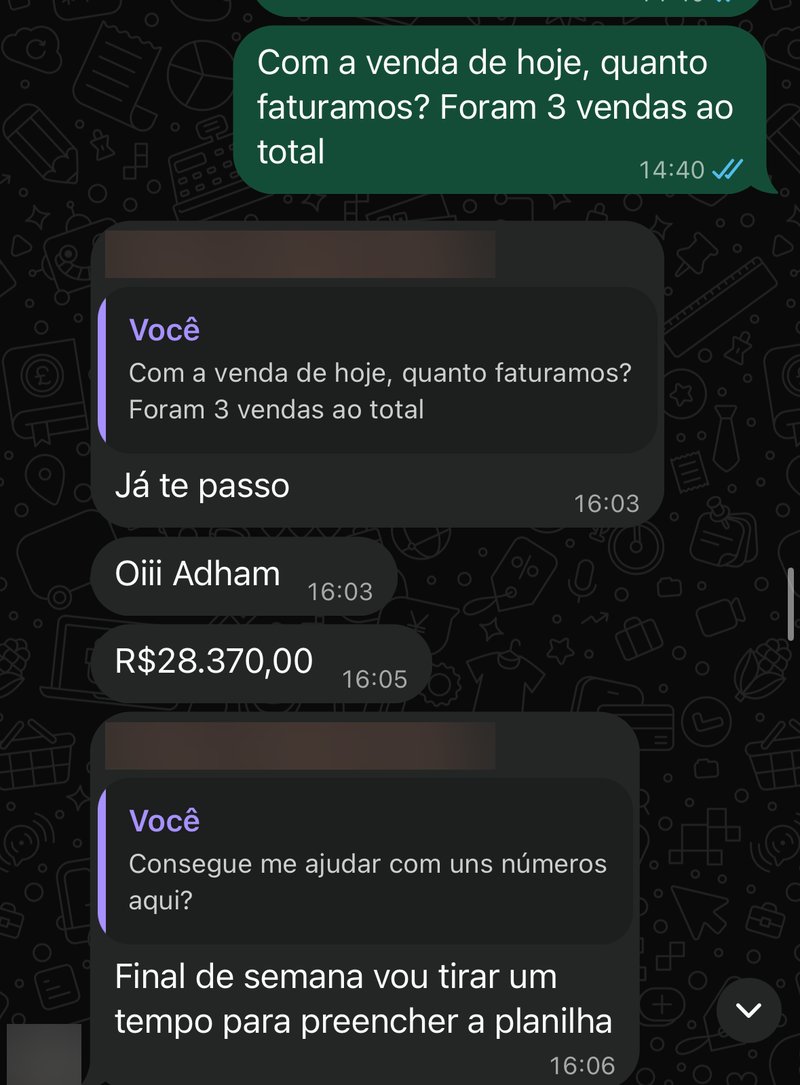 Conversa no WhatsApp confirmando R$28.370 em 3 vendas